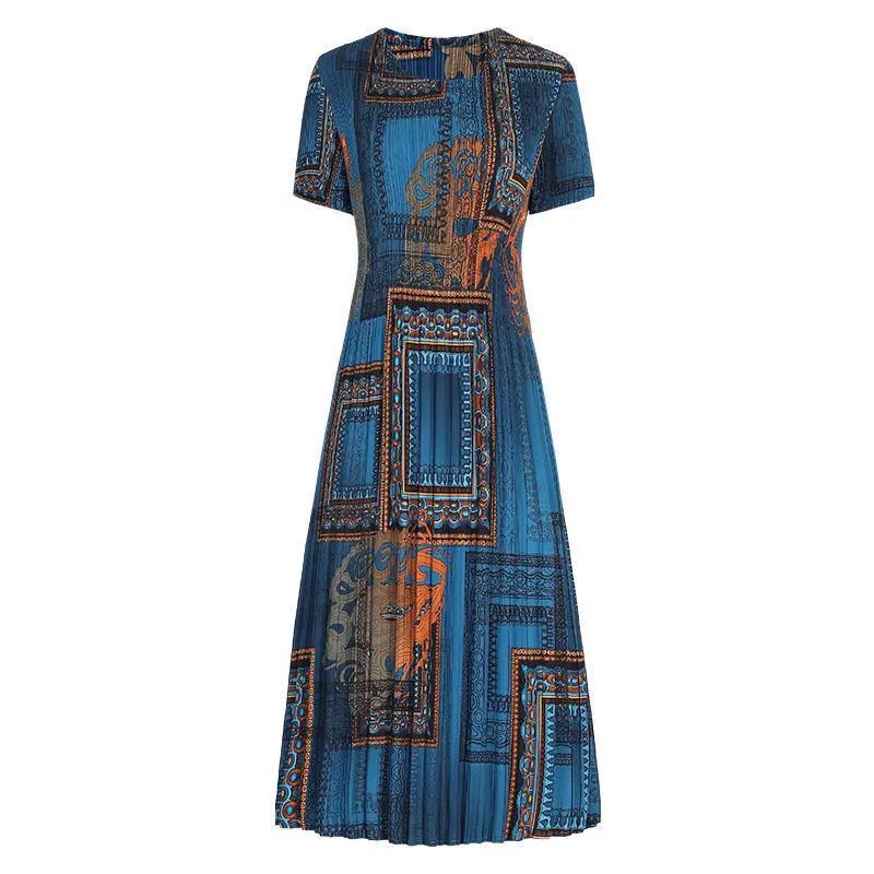 Fashionable Pleated Dress chiffon retro high-end foreign air large thin skirt pleated print dress summer o neck dress XL B-52185 Fashionable Pleated Dress chiffon retro high-end foreign air large thin skirt pleated print dress summer o neck dress XL B-52185