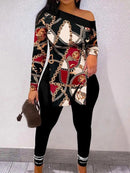 Casual Plus Size Chain Print Side Split Pants Set for Women 2XL S4969570 - TUZZUT Qatar Online Shopping