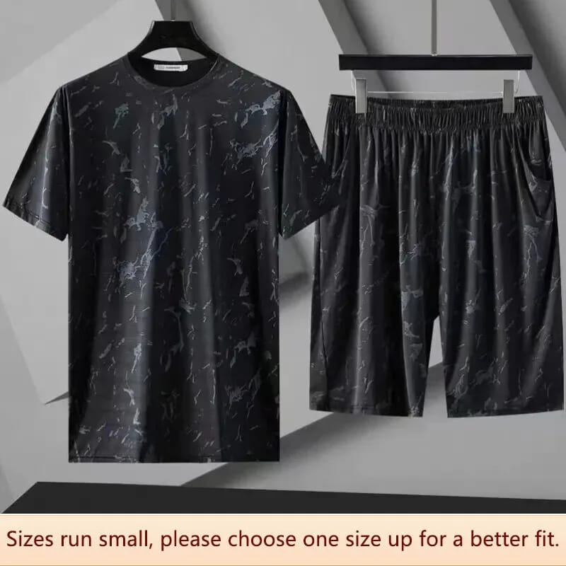 Summer Loose-fit Casual Sports Suit Men's Fat Guy Ice Silk Mesh T-sleeve Shorts Two-piece Set zd125