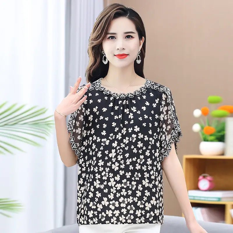 Summer Fashionable Printing O-neck Short Sleeve Blouse Ladies M S4962567