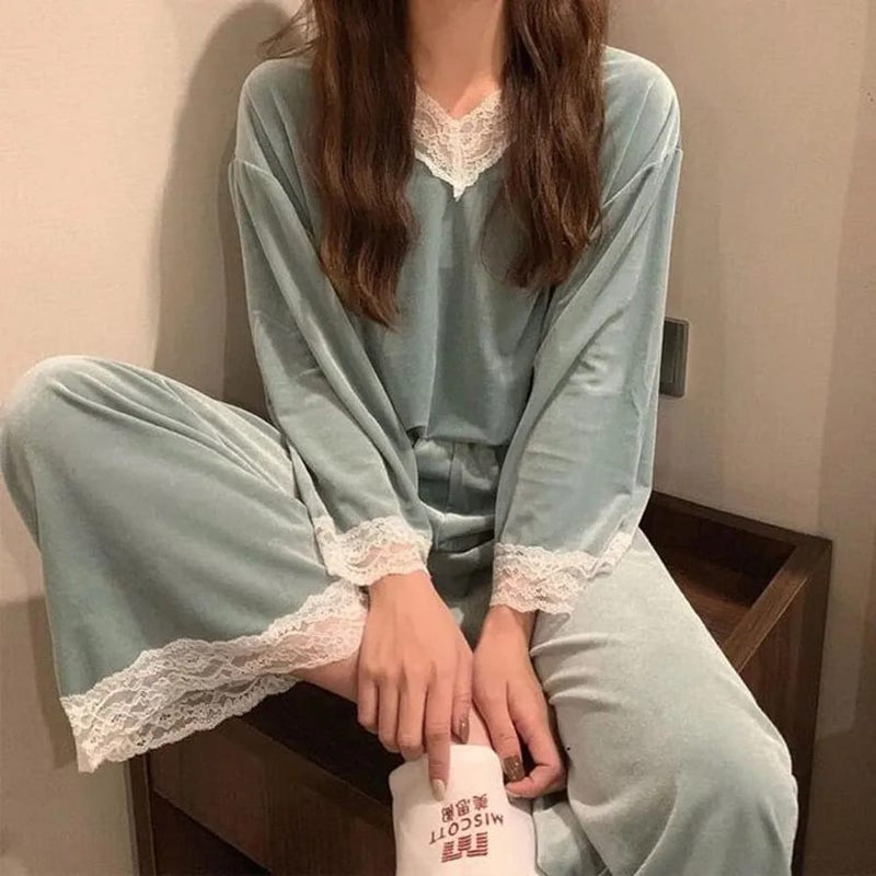 Pajamas Sleepwear Women Winter Lace Trouser Suits Home Clothes M 461664