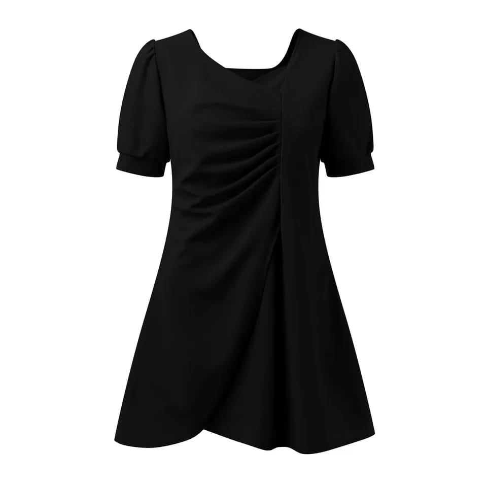 Summer Irregular V-Neck Short Puff Sleeve Pleated A-Line Dress L 424898 Summer Irregular V-Neck Short Puff Sleeve Pleated A-Line Dress L 424898