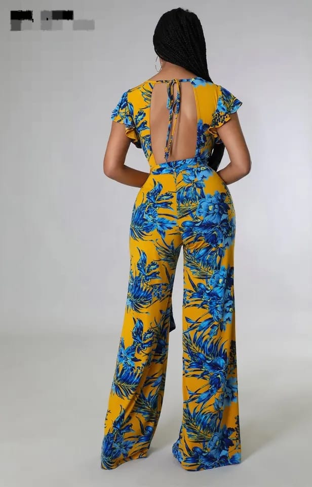 Women Short Sleeve Floral Print Backless Knotted Neck Straight Wide Leg Jumpsuit M 453908