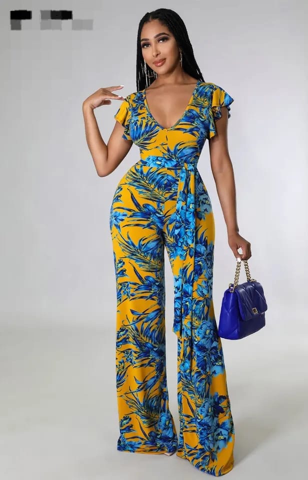 Women Short Sleeve Floral Print Backless Knotted Neck Straight Wide Leg Jumpsuit M 453908