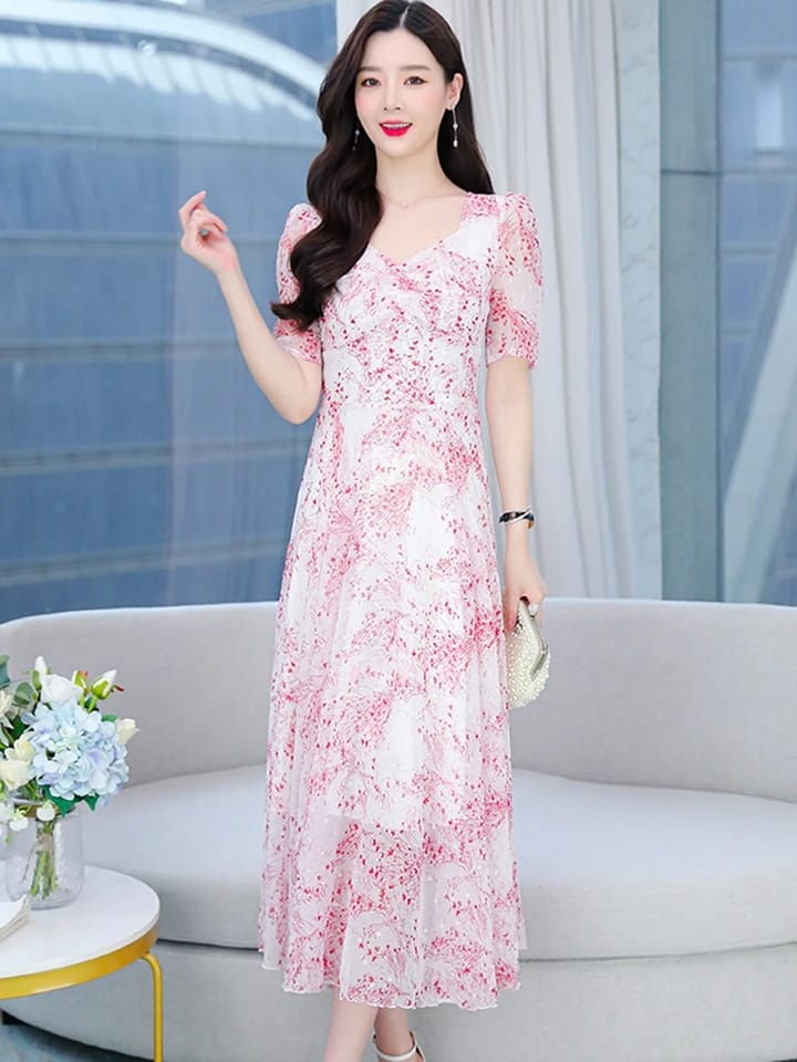 Pink Floral Print Chiffon Long Dress L 414584