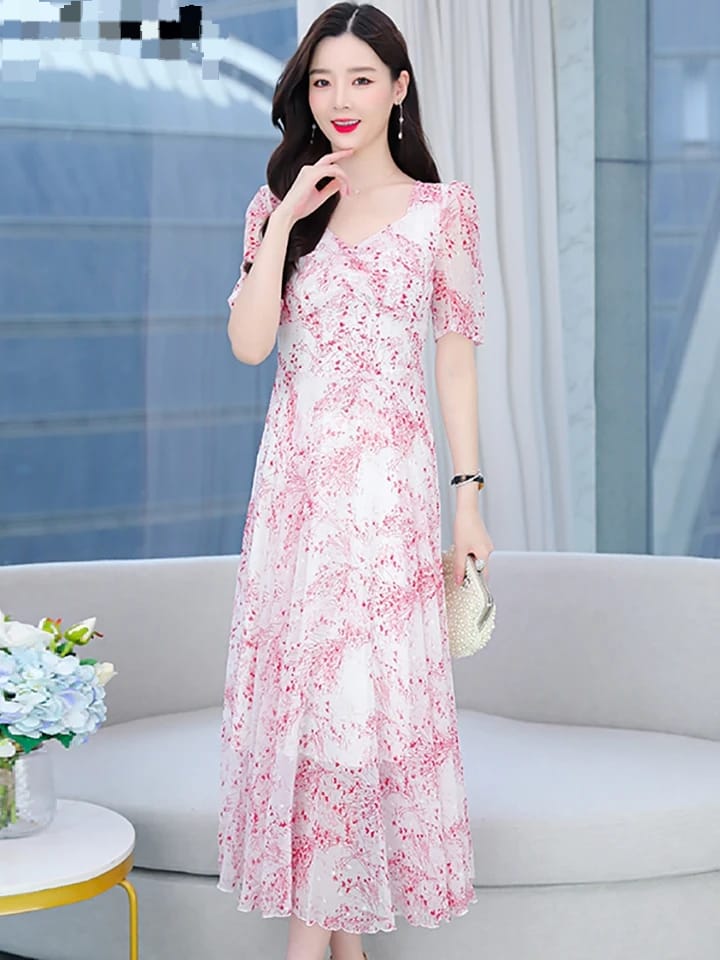 Pink Floral Print Chiffon Long Dress L 414584