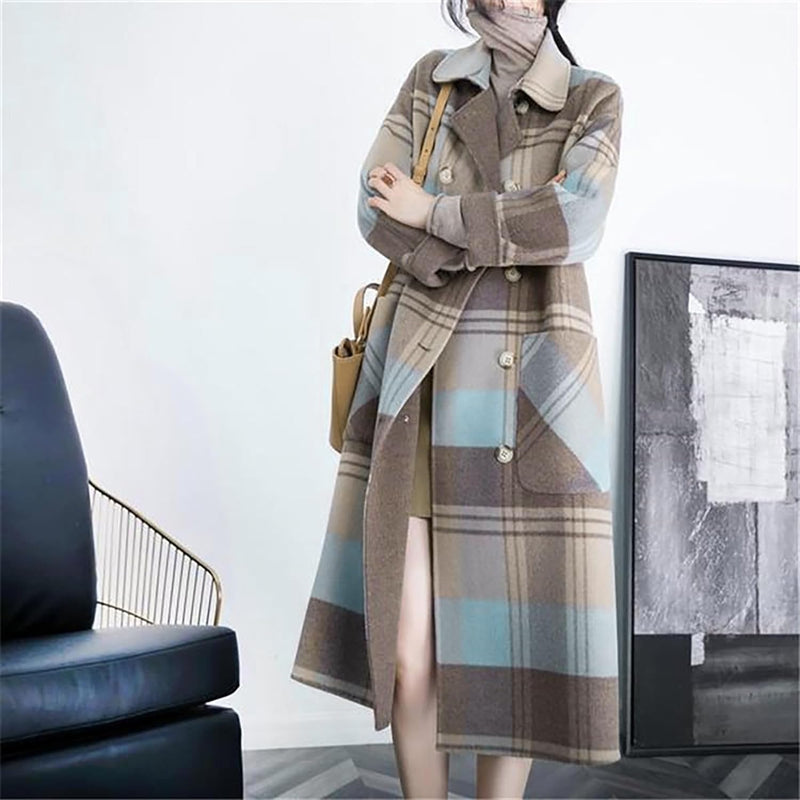 Plaid Woolen Coat Women M 490222