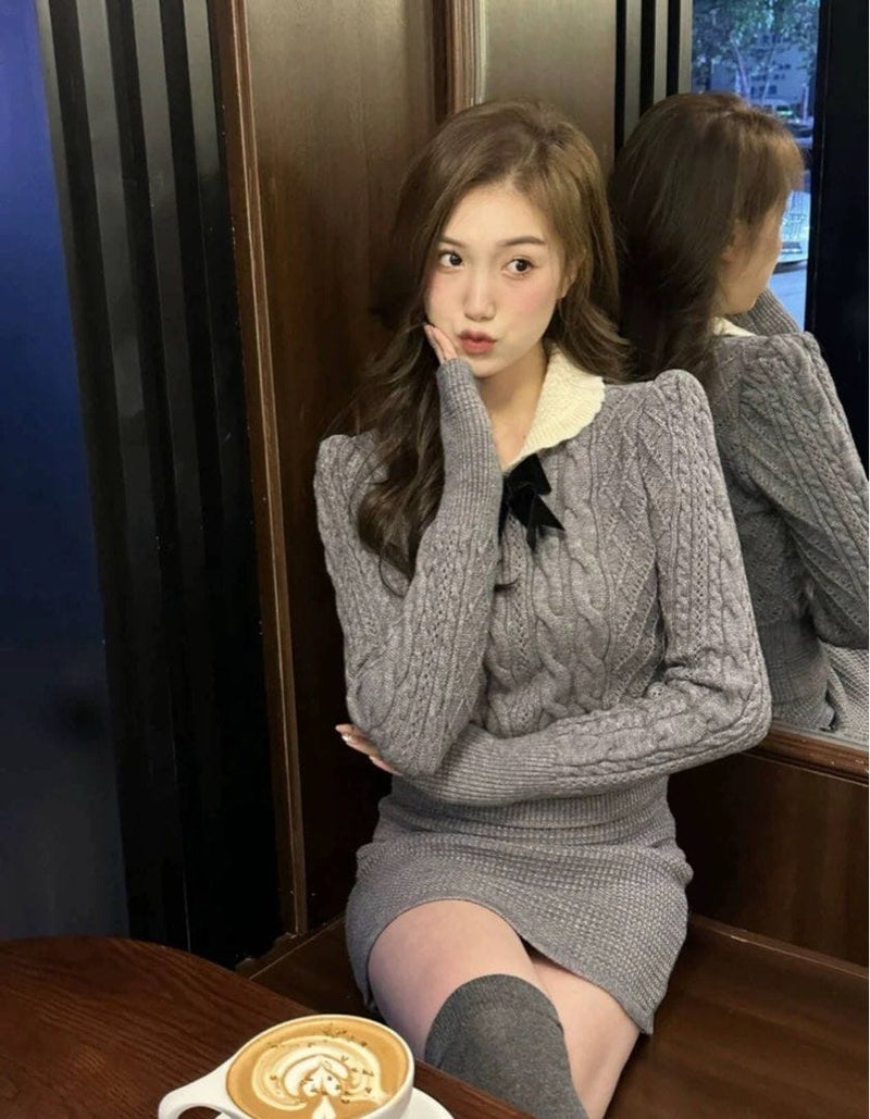 Korean Fashion Autumn Women Knitted Mini Skirt Set 483532