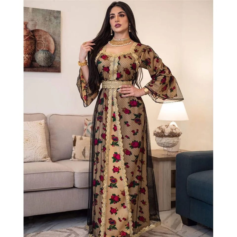 Middle East Ethnic Floral Printed Embroidered Lace Mesh Dress Women's Plus Size Dubai Muslim Maxi Long dress S3356491