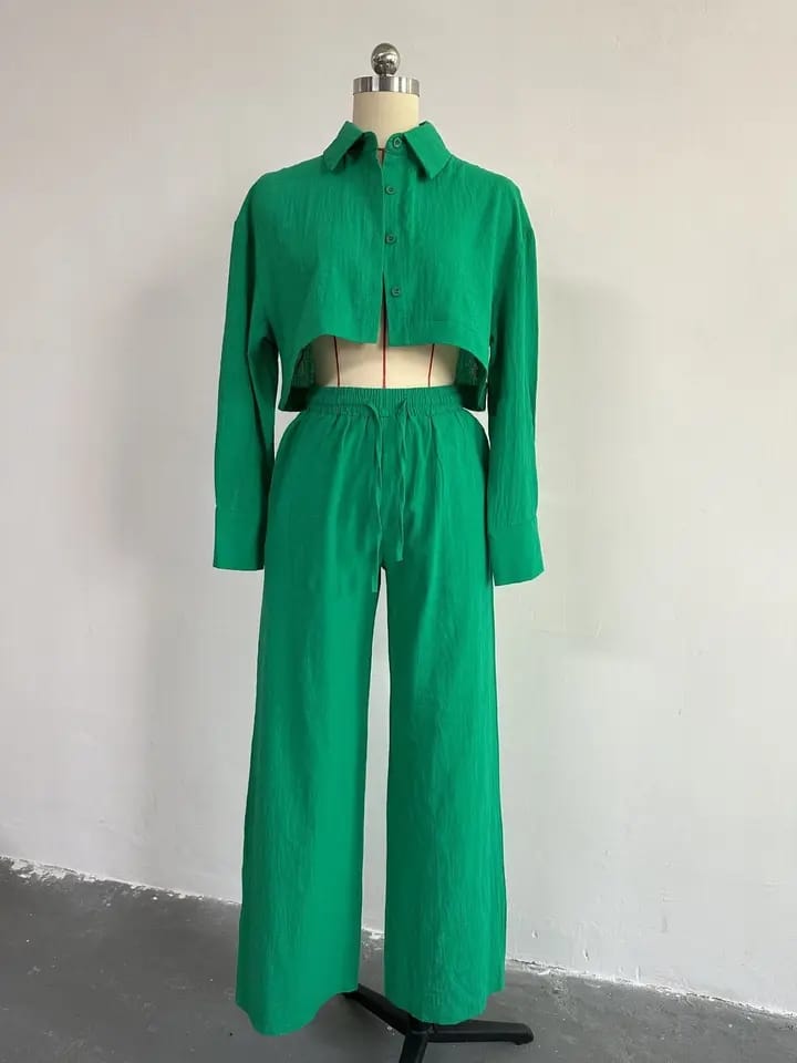 2 Piece Set Women Long Sleeve Mini Shirt and Wide Leg Straight Pants 457238