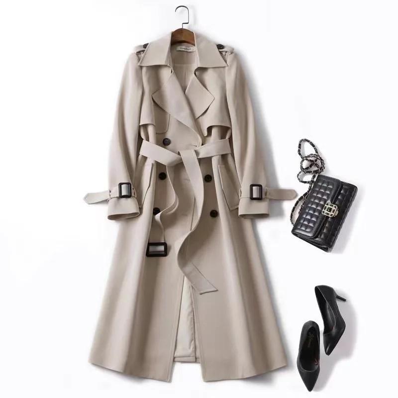 Windbreaker Autumn Winter Women Lapel Double Breasted Trench Coats Office Long With Belt Lining Korean Fashion Clothing 26820