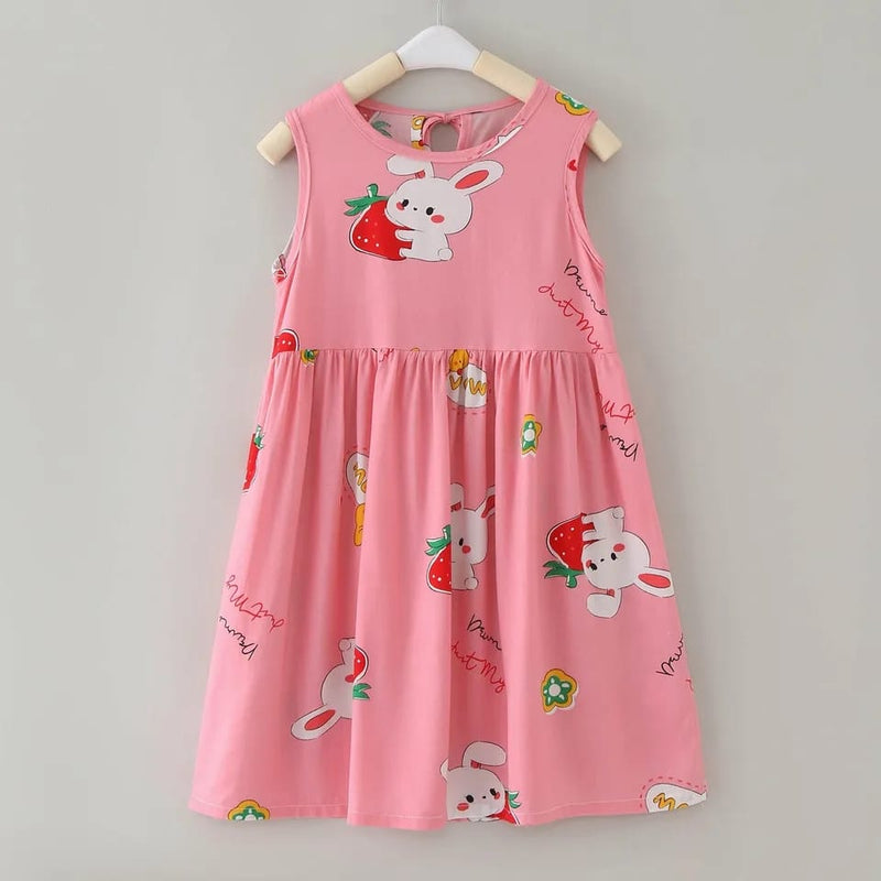 Kids Cartoon Strawberry Rabbit Print Sleeveless Princess Dress 5-6Y 276196