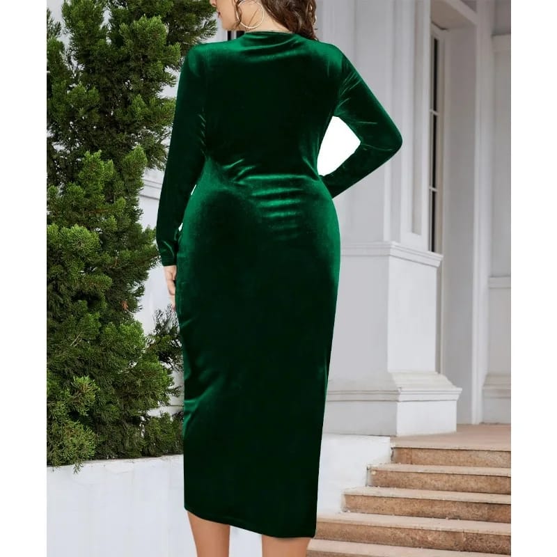 Women V Neck Long Sleeve Velvet Pleated Midi Dress M 374513 Women V Neck Long Sleeve Velvet Pleated Midi Dress M 374513