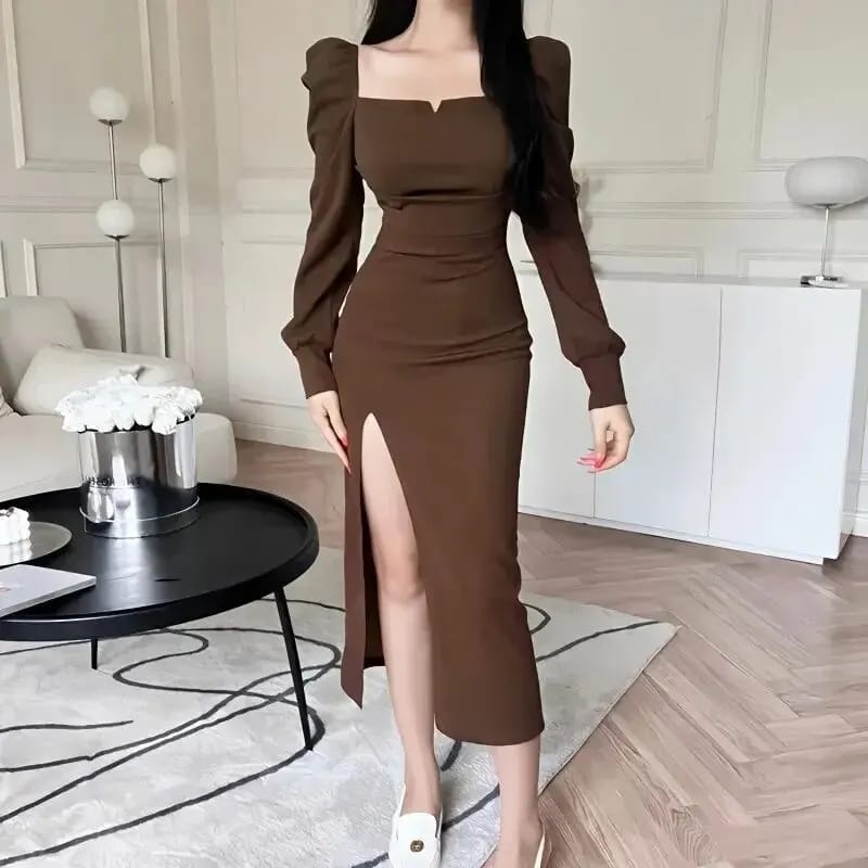 Women's Elegant Square Collar Puff Sleeve Slim Base Layer Side Split Dress L 364328 Women's Elegant Square Collar Puff Sleeve Slim Base Layer Side Split Dress L 364328