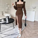 Women's Elegant Square Collar Puff Sleeve Slim Base Layer Side Split Dress L 364328 - TUZZUT Qatar Online Shopping
