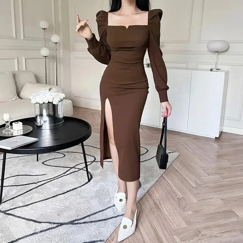 Women's Elegant Square Collar Puff Sleeve Slim Base Layer Side Split Dress L 364328 Women's Elegant Square Collar Puff Sleeve Slim Base Layer Side Split Dress L 364328