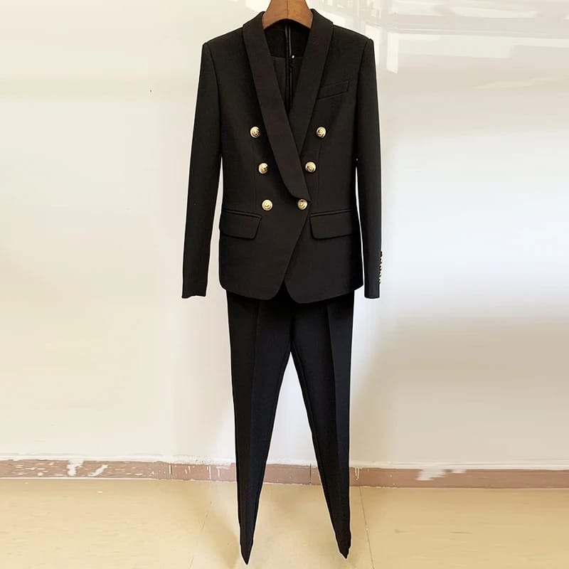 Ladies Classic Shawl Collar Lion Buttons Blazer Pant Suit Set 4XL B-62355 Ladies Classic Shawl Collar Lion Buttons Blazer Pant Suit Set 4XL B-62355