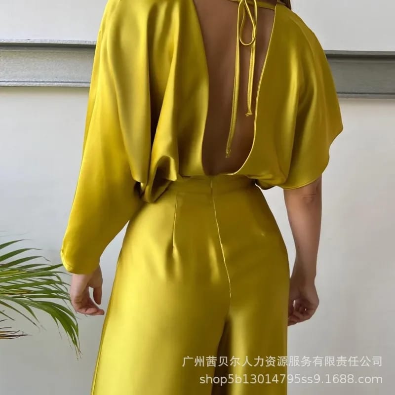 Women Yellow Satin Asymmetrical Rompers Batwing Sleeves Wrapped Waist Jumpsuit L 115236