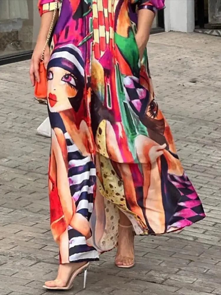 Spring Summer Women's Turn-down Collar Button High Waist Loose Maxi Dress 123556 Spring Summer Women's Turn-down Collar Button High Waist Loose Maxi Dress 123556