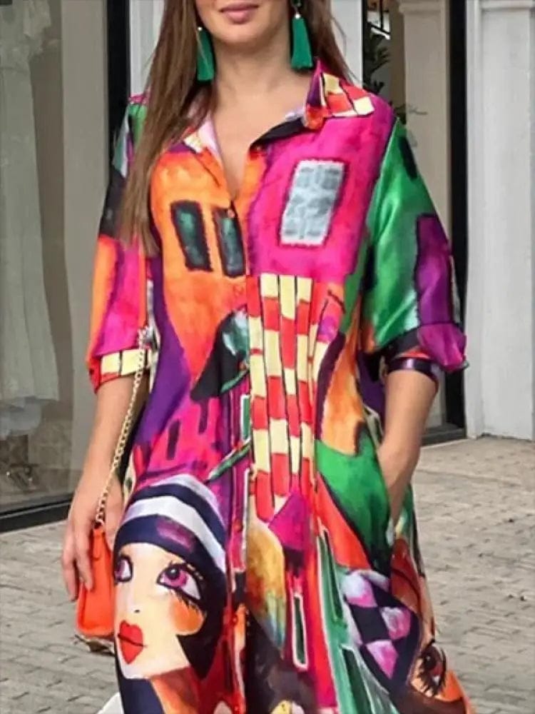 Spring Summer Women's Turn-down Collar Button High Waist Loose Maxi Dress 123556 Spring Summer Women's Turn-down Collar Button High Waist Loose Maxi Dress 123556