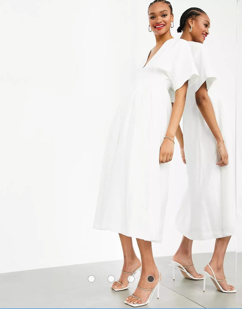 Pleat waist midi dress in white S 103737