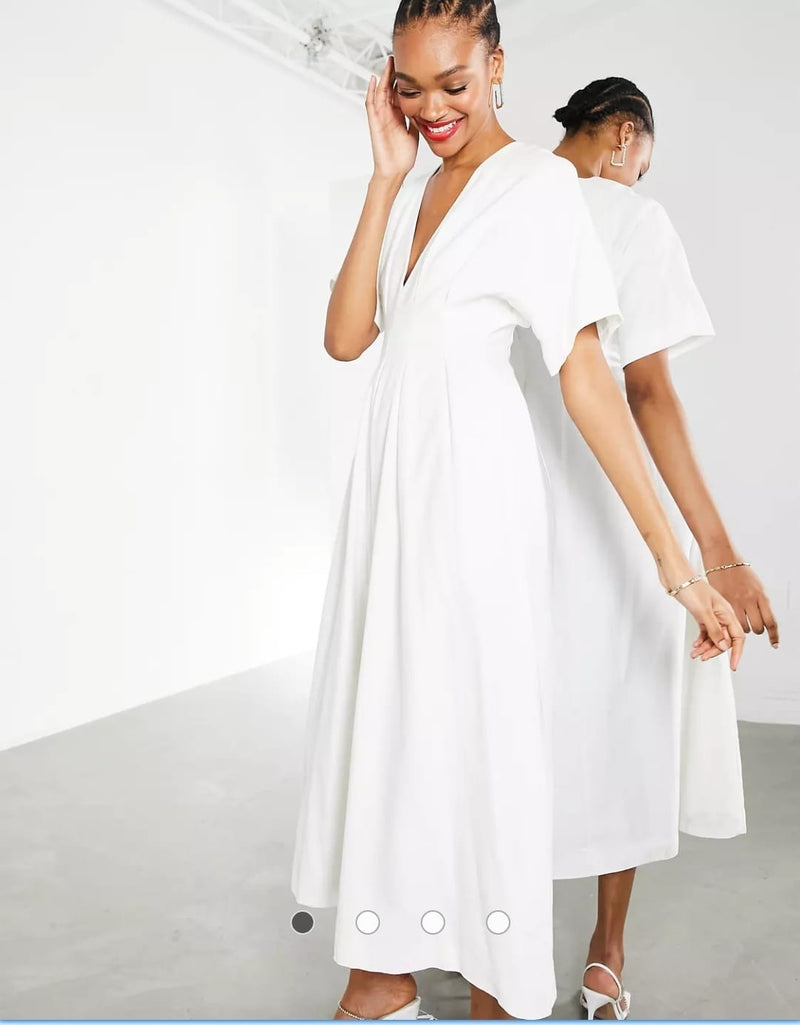 Pleat waist midi dress in white S 103737