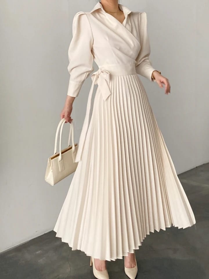 Turn-down Collar Paneled Side Bow Tie Puff Sleeve Office Lady Dress 112167 Turn-down Collar Paneled Side Bow Tie Puff Sleeve Office Lady Dress 112167