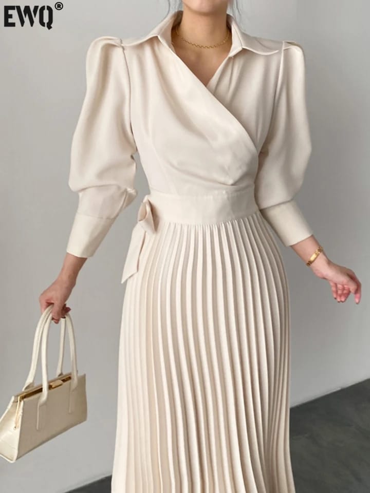 Turn-down Collar Paneled Side Bow Tie Puff Sleeve Office Lady Dress 112167 Turn-down Collar Paneled Side Bow Tie Puff Sleeve Office Lady Dress 112167