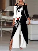 Irregular Clipping Three-Quarter Sleeves Figure Printed Cold Shoulder Blouses&Shirts Tops 119673 - TUZZUT Qatar Online Shopping