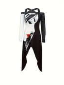 Irregular Clipping Three-Quarter Sleeves Figure Printed Cold Shoulder Blouses&Shirts Tops 119673 - TUZZUT Qatar Online Shopping