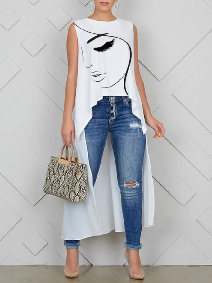 Korean Fashion Figure Print High-Low Tank Top 121207 Korean Fashion Figure Print High-Low Tank Top 121207