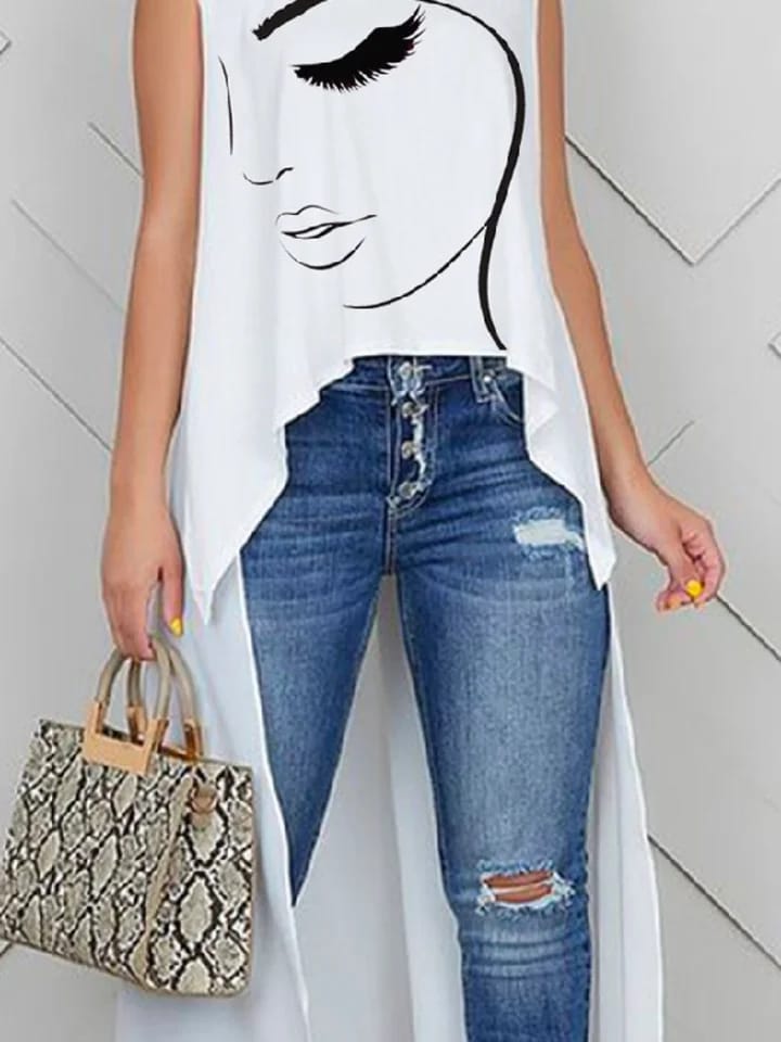 Korean Fashion Figure Print High-Low Tank Top 121207 Korean Fashion Figure Print High-Low Tank Top 121207