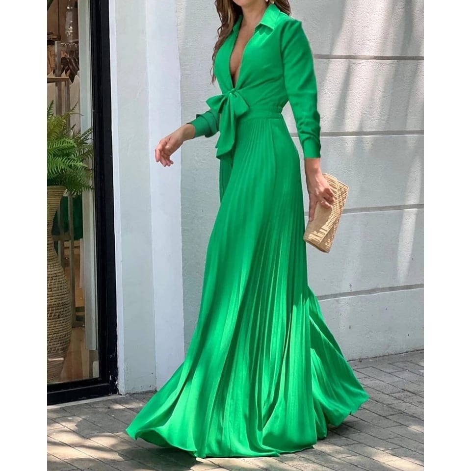Women Deep V Neck Long Sleeve Pleated Jumpsuit 113697 Women Deep V Neck Long Sleeve Pleated Jumpsuit 113697