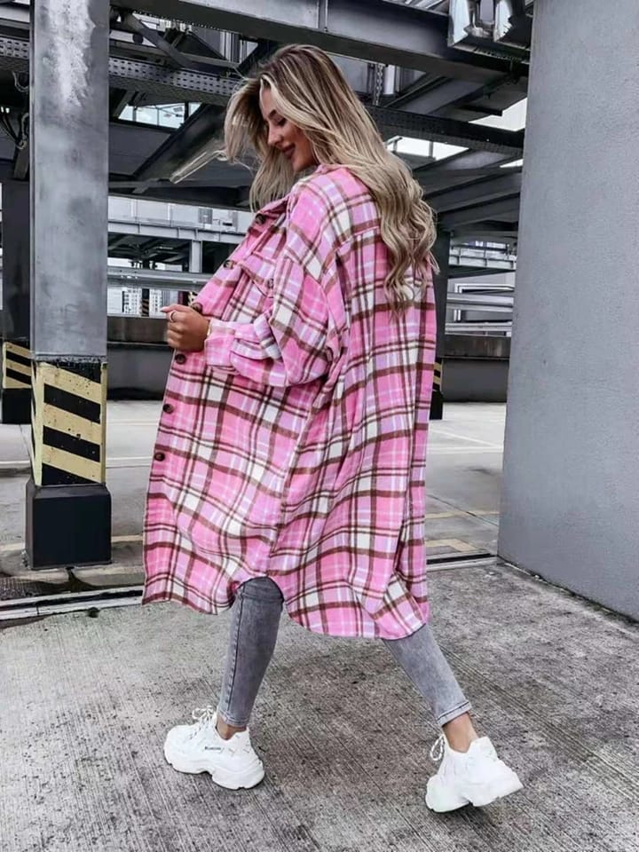 Women Plaid Long Shirt Coat M S4421420 Women Plaid Long Shirt Coat M S4421420