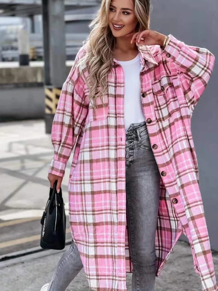 Women Plaid Long Shirt Coat M S4421420 Women Plaid Long Shirt Coat M S4421420