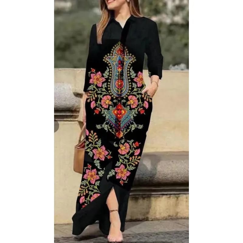 New Autumn Women's Casual Lapel Collar Button Vintage Floral Print Boho Long Dress B-106773 New Autumn Women's Casual Lapel Collar Button Vintage Floral Print Boho Long Dress B-106773