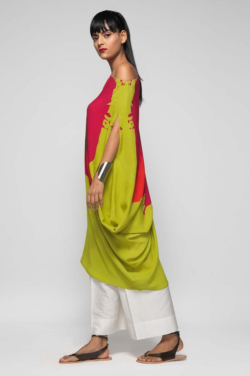 Green Poly Satin One Shoulder Tunic Dress M 121050