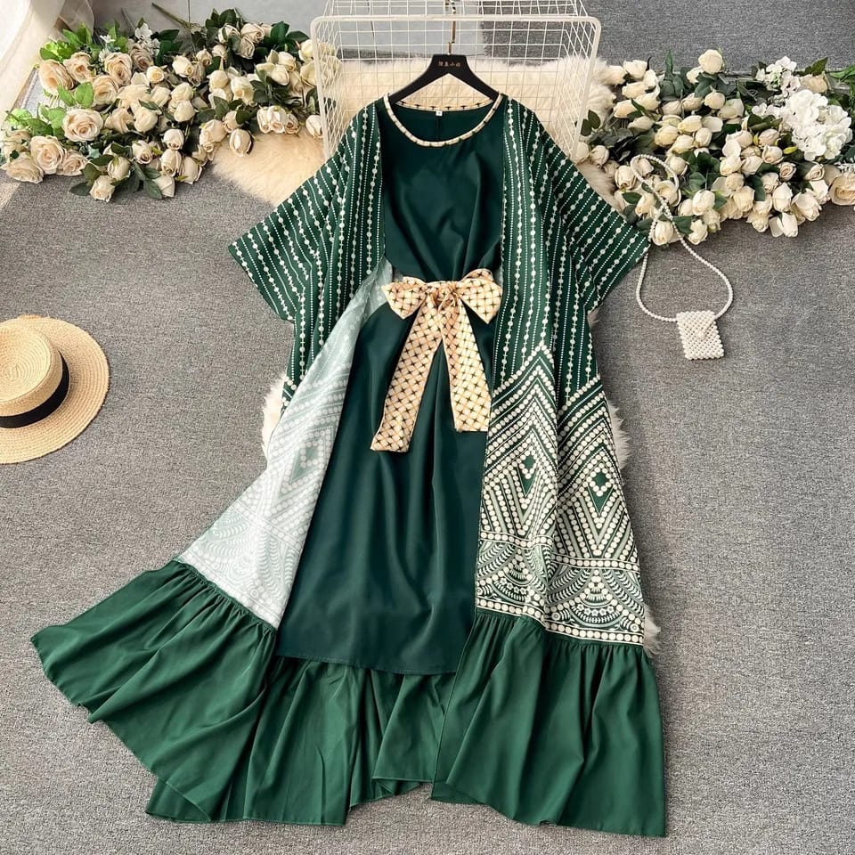 Retro Printed Women's Long Brazilian Dress With Belt 2 Pcs Set 38329 Retro Printed Women's Long Brazilian Dress With Belt 2 Pcs Set 38329