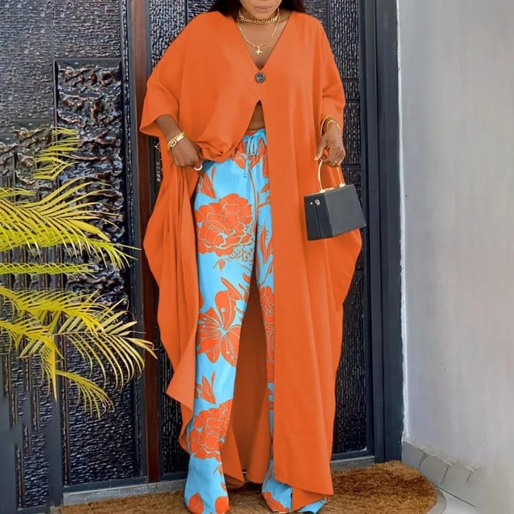 Floral V Neck Long Cardigan Cover Up Wide Leg Pants Sets Plus Size B-90645 Floral V Neck Long Cardigan Cover Up Wide Leg Pants Sets Plus Size B-90645