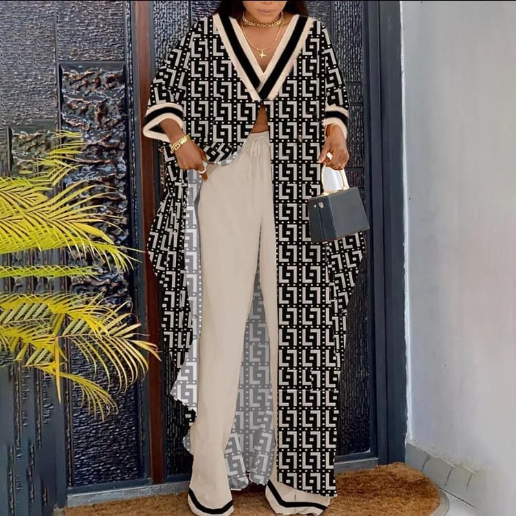 Floral V Neck Long Cardigan Cover Up Wide Leg Pants Sets Plus Size B-90645 Floral V Neck Long Cardigan Cover Up Wide Leg Pants Sets Plus Size B-90645