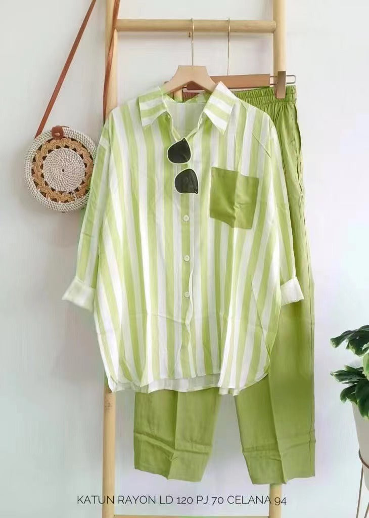 Trendy Women's Long Sleeve Casual Stripes Shirt Pants 2Pcs Set B-18743 Trendy Women's Long Sleeve Casual Stripes Shirt Pants 2Pcs Set B-18743
