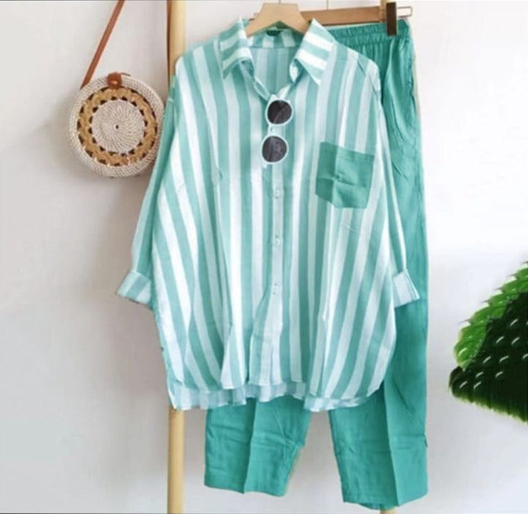 Trendy Women's Long Sleeve Casual Stripes Shirt Pants 2Pcs Set B-18743 Trendy Women's Long Sleeve Casual Stripes Shirt Pants 2Pcs Set B-18743