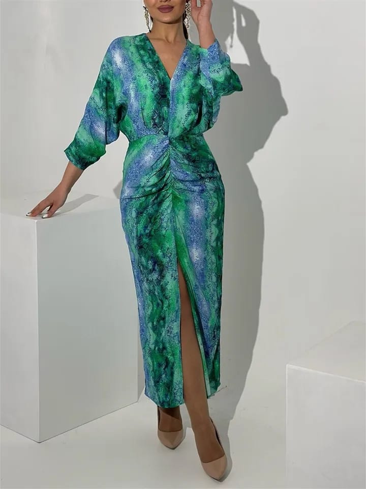Turquoise print slit dress M S4984111