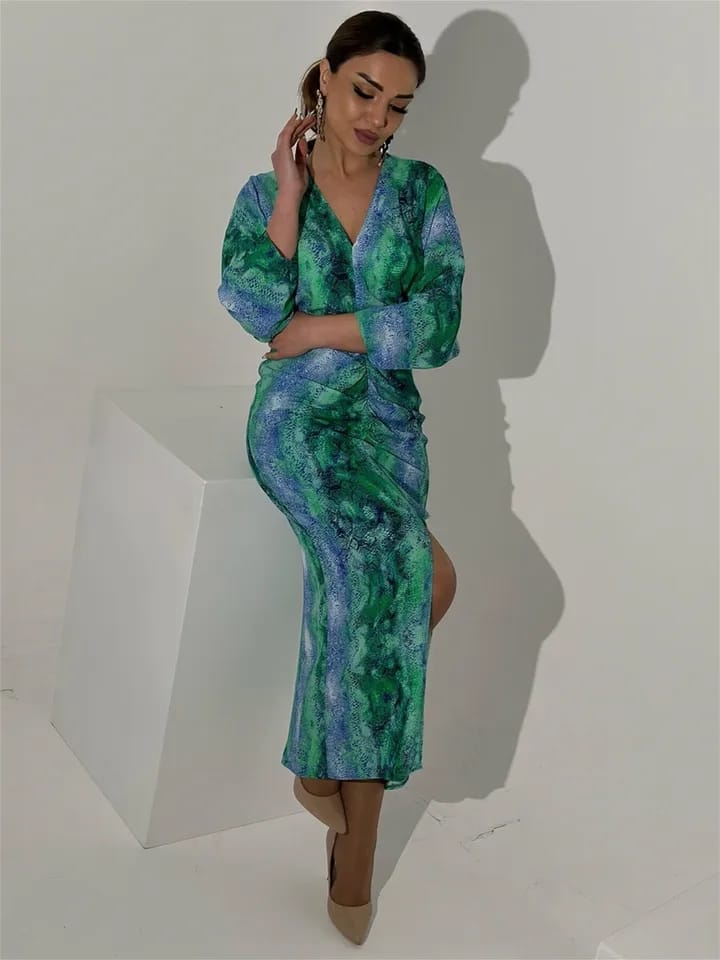 Turquoise print slit dress M S4984111