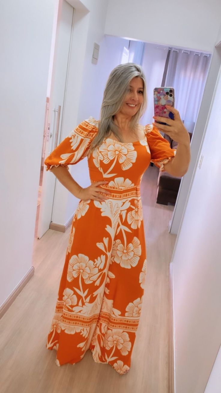 Women's Fashion Orange Floral Dress L S4602542