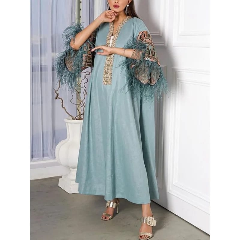 Women V Neck Long Sleeve Loose Caftan Dubai Abaya Arab Robe Islamic Muslim Maxi Dress S5070835