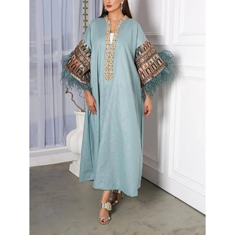 Women V Neck Long Sleeve Loose Caftan Dubai Abaya Arab Robe Islamic Muslim Maxi Dress S5070835