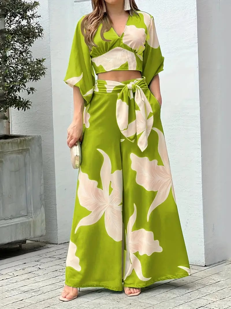 Vacation Floral Women Two Piece Set Fashion V Neck Long Lantern Sleeve Print Loose Wide Legs Pants With Pockets Sets High Street B-20241