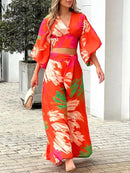 Vacation Floral Women Two Piece Set Fashion V Neck Long Lantern Sleeve Print Loose Wide Legs Pants With Pockets Sets High Street B-20241 - TUZZUT Qatar Online Shopping