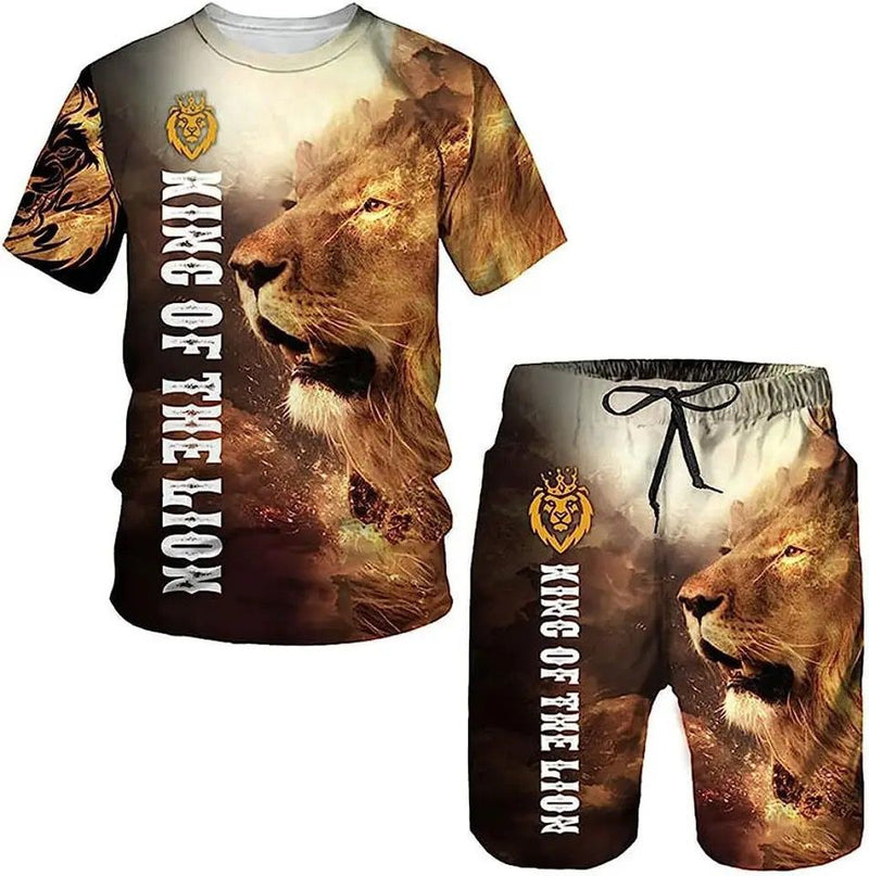 Men's cool lion print t-shirt set X893278